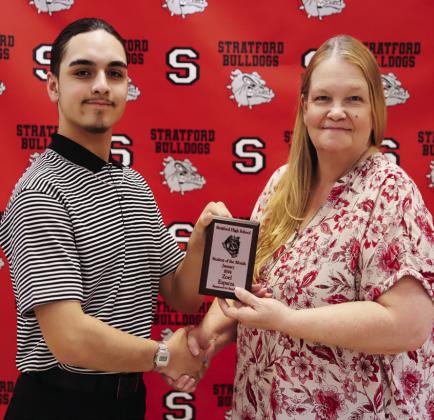 Zoel Esparza receives his January student of the month award from Linda Grigg of BancFirst, Stratford student of the month sponsor. Courtesy photo
